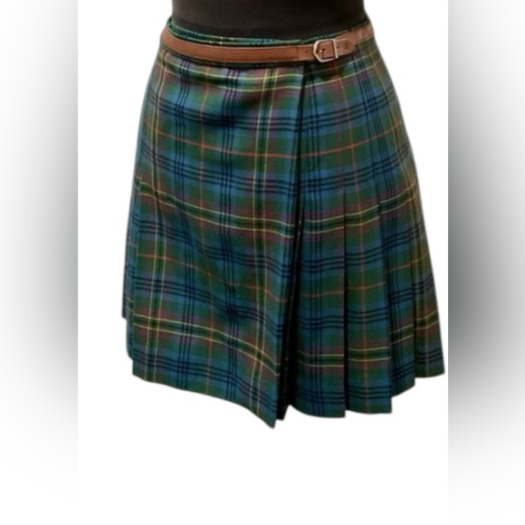 VTG Ralph Lauren Bohemian rhapsody Wool Tartan Plaid Pleated Belted Mini Skirt 6 - Picture 1 of 16